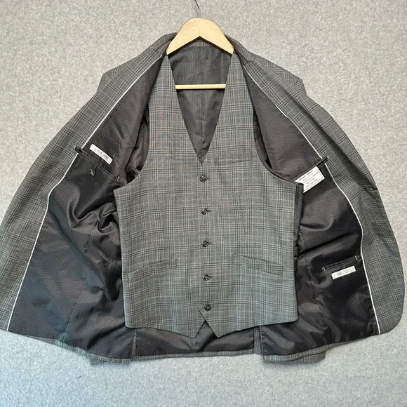 Linea Uomo Mens Grey Glen Plaid 3-Piece Performance Suit 38 Long 32 Waist Wool